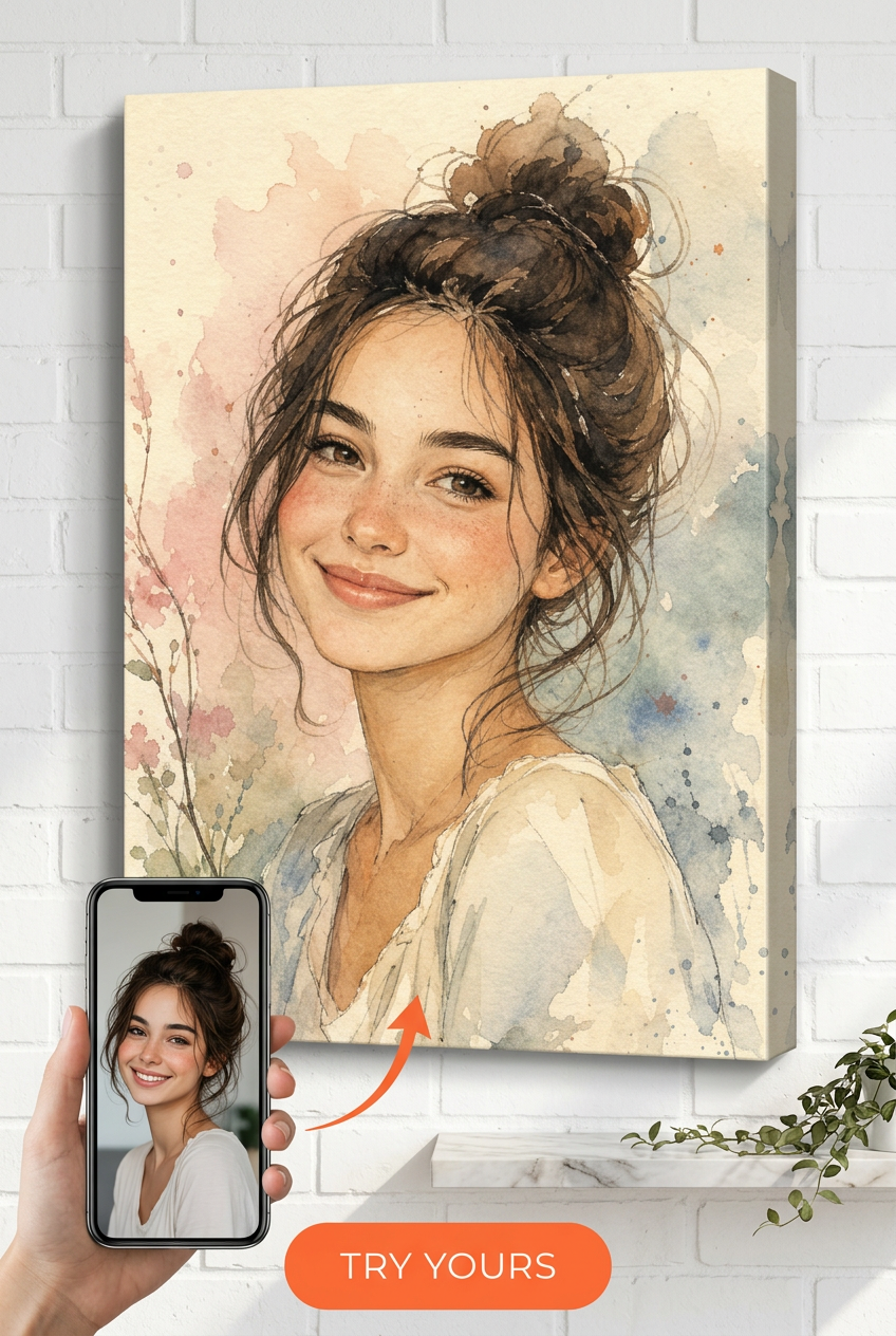 Custom Watercolor Woman Portrait — Serene Floral Canvas for Him