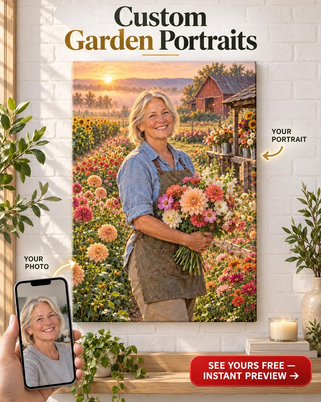 Sunrise on Flower Farm Custom Portrait from Photo | Personalized Future Self Gift