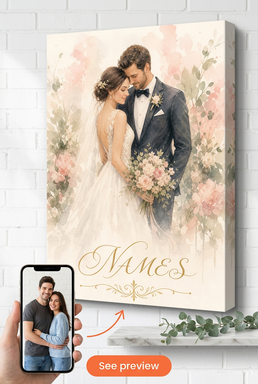 Custom Watercolor Couple Portrait — Romantic Wedding Canvas from Photo