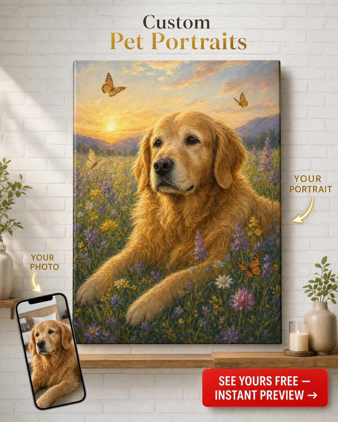 Custom Memorial Pet Dog Portrait — Serene Golden Retriever from Photo