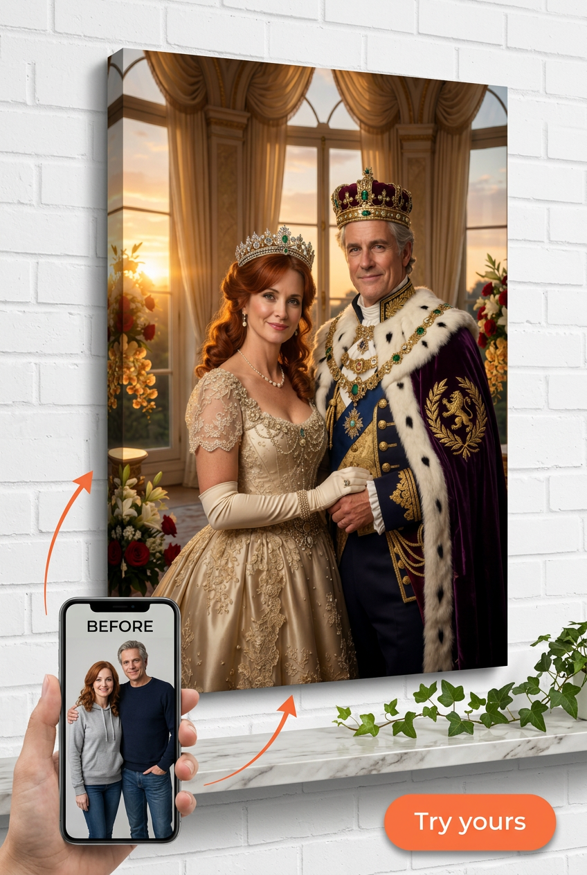 Custom Royal Couple Portrait — Regal Throne Canvas from Photo