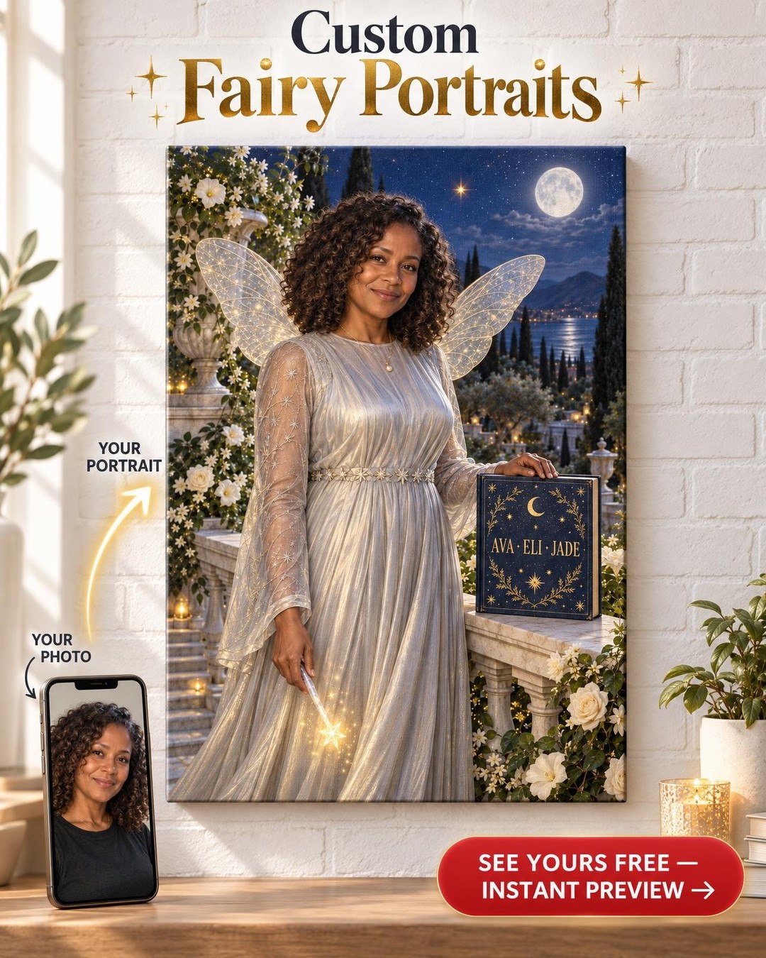 Moonlight Fairy Godmother Custom Portrait from Photo | Personalized Fairy Godmother Gift
