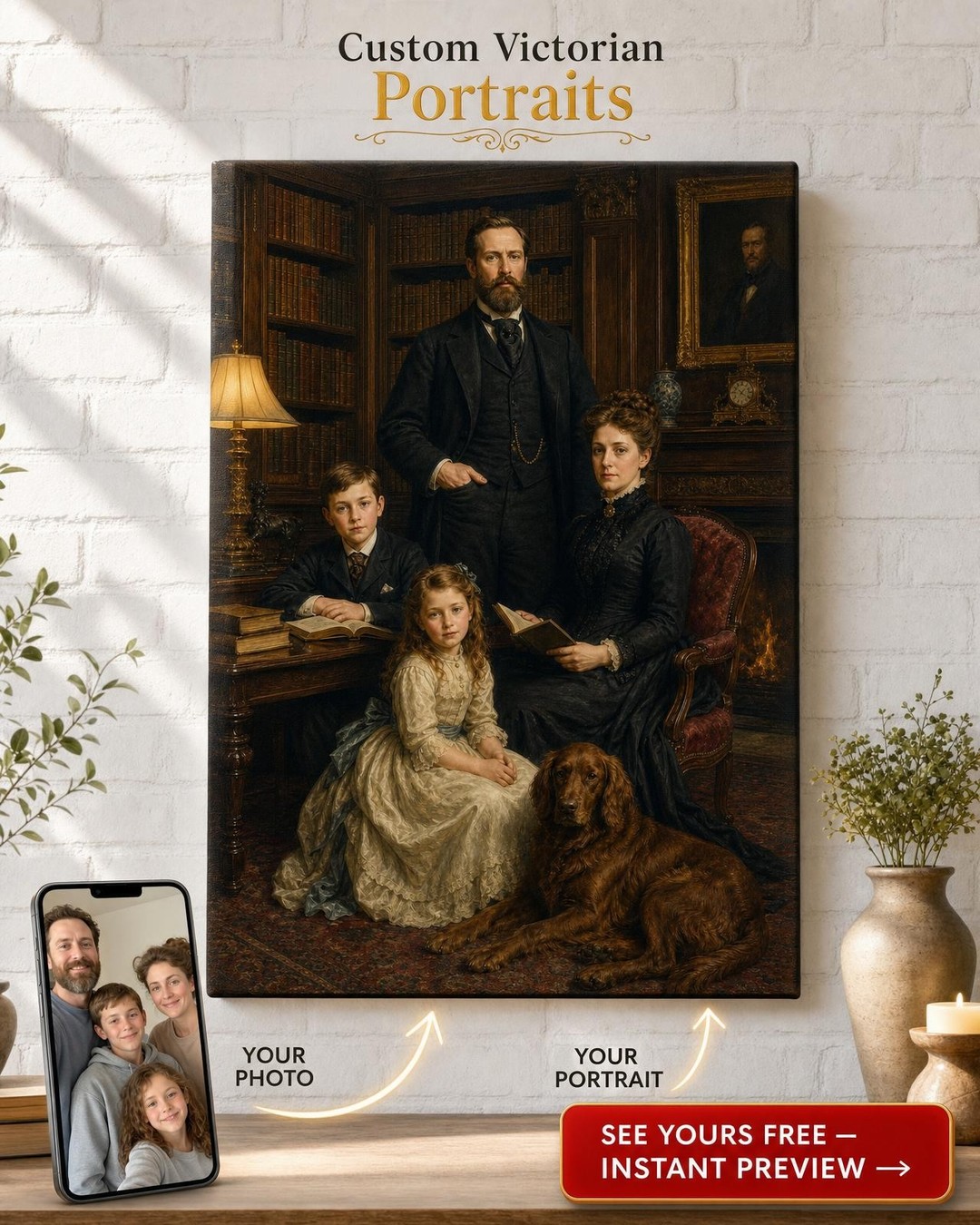 Victorian Family Library Custom Portrait from Photo | Personalized Canvas Gift