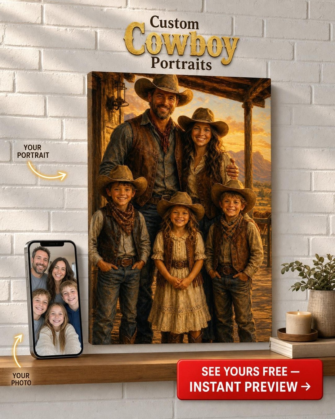 Custom Cowboy Family Portrait — Festive Western Canvas from Photo