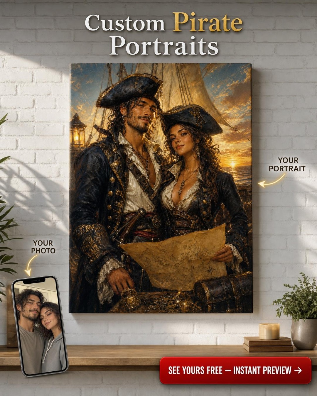 Pirates of the Sunset Sea Custom Portrait from Photo | Personalized Gift for Couples