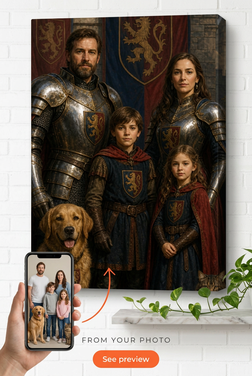 Custom Knight Family Portrait — Regal Armor Canvas from Photo