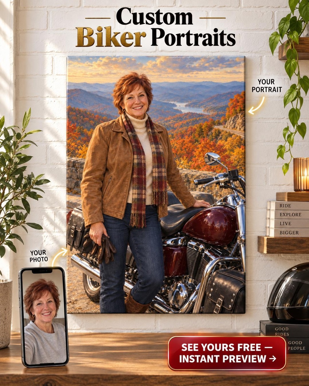 Autumn Ride Motorcycle Portrait for Her from Photo | Personalized Motorcycle Portrait Gift