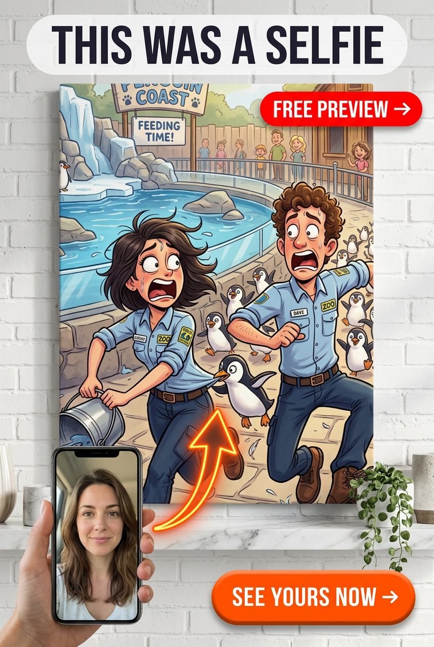 Custom Cartoon Couple Portrait — Penguin Zoo Canvas