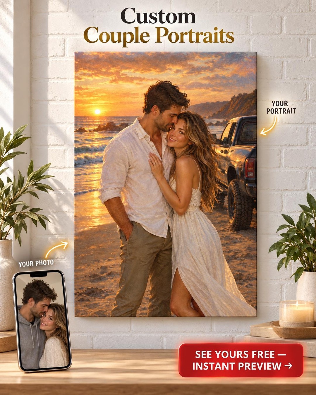 Romantic Couple on the Beach Custom Portrait from Photo | Personalized Canvas Gift