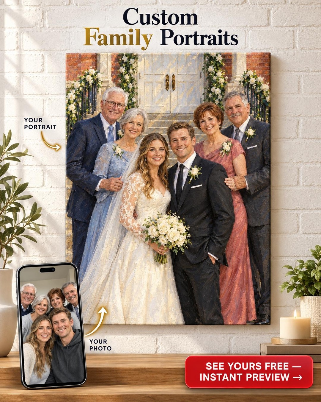 Wedding-Day Family Custom Portrait from Photo | Personalized Wedding Memory Portrait Gift
