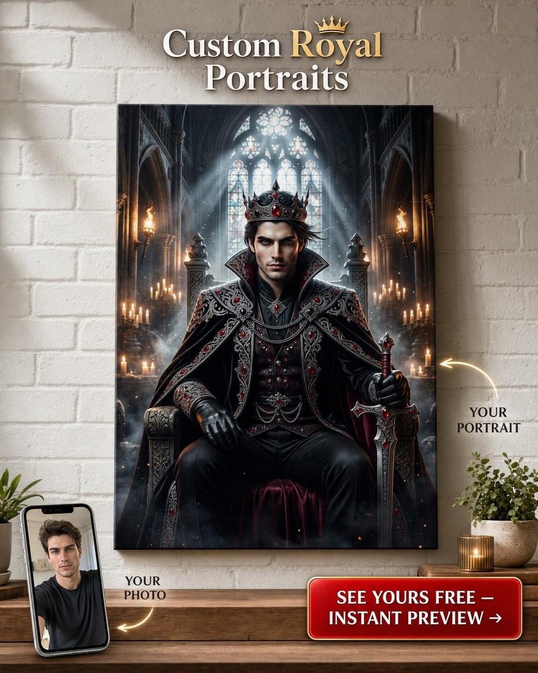 Custom Royal Man Portrait — Regal Crown & Throne Canvas Art