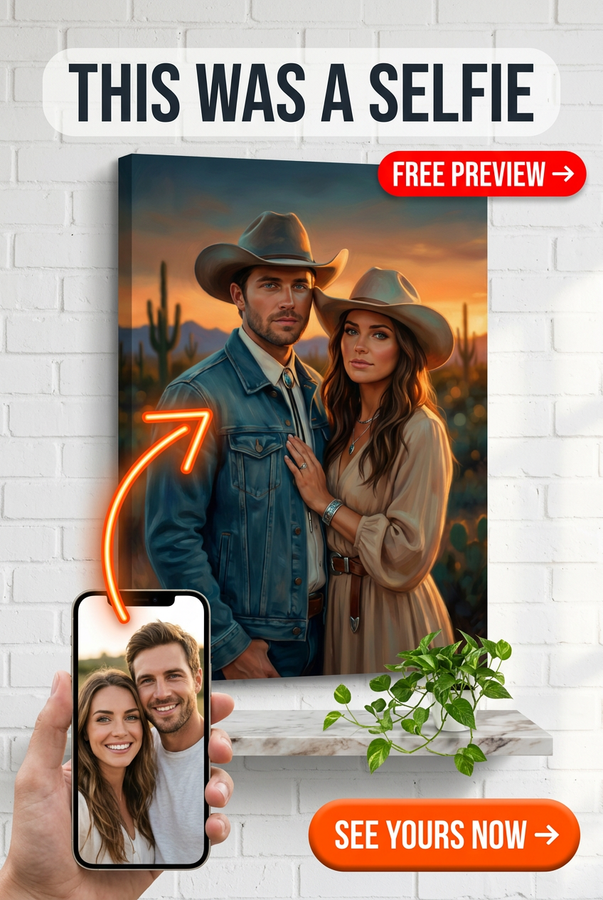 Custom Cowboy Couple Portrait — Romantic Western Canvas from Photo