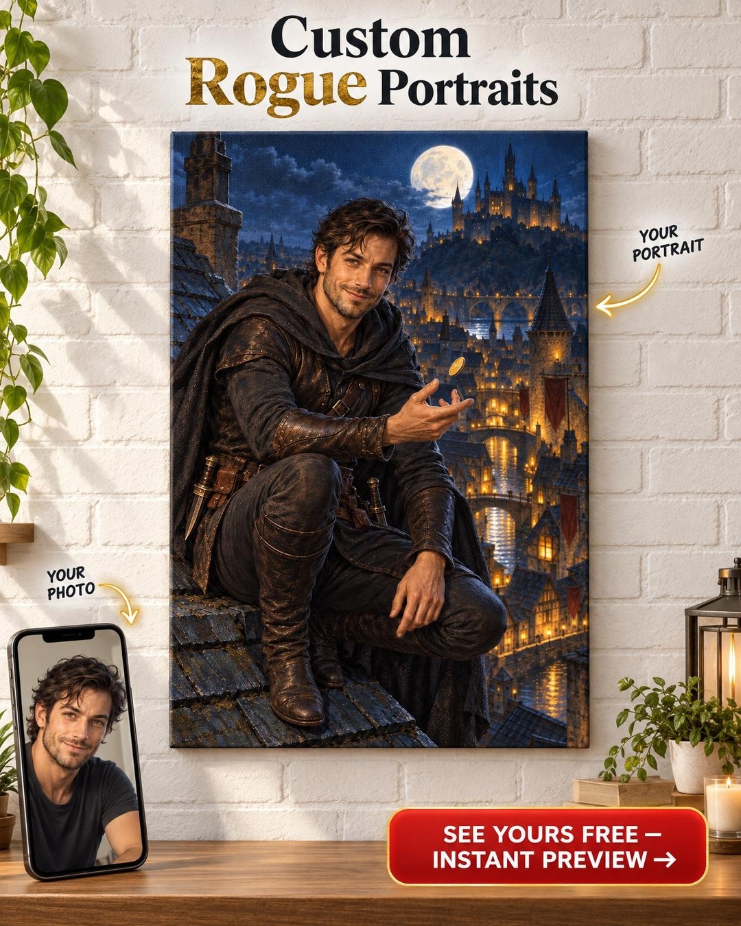 Rogue Custom Portrait from Photo | Personalized Tabletop Fantasy Gift