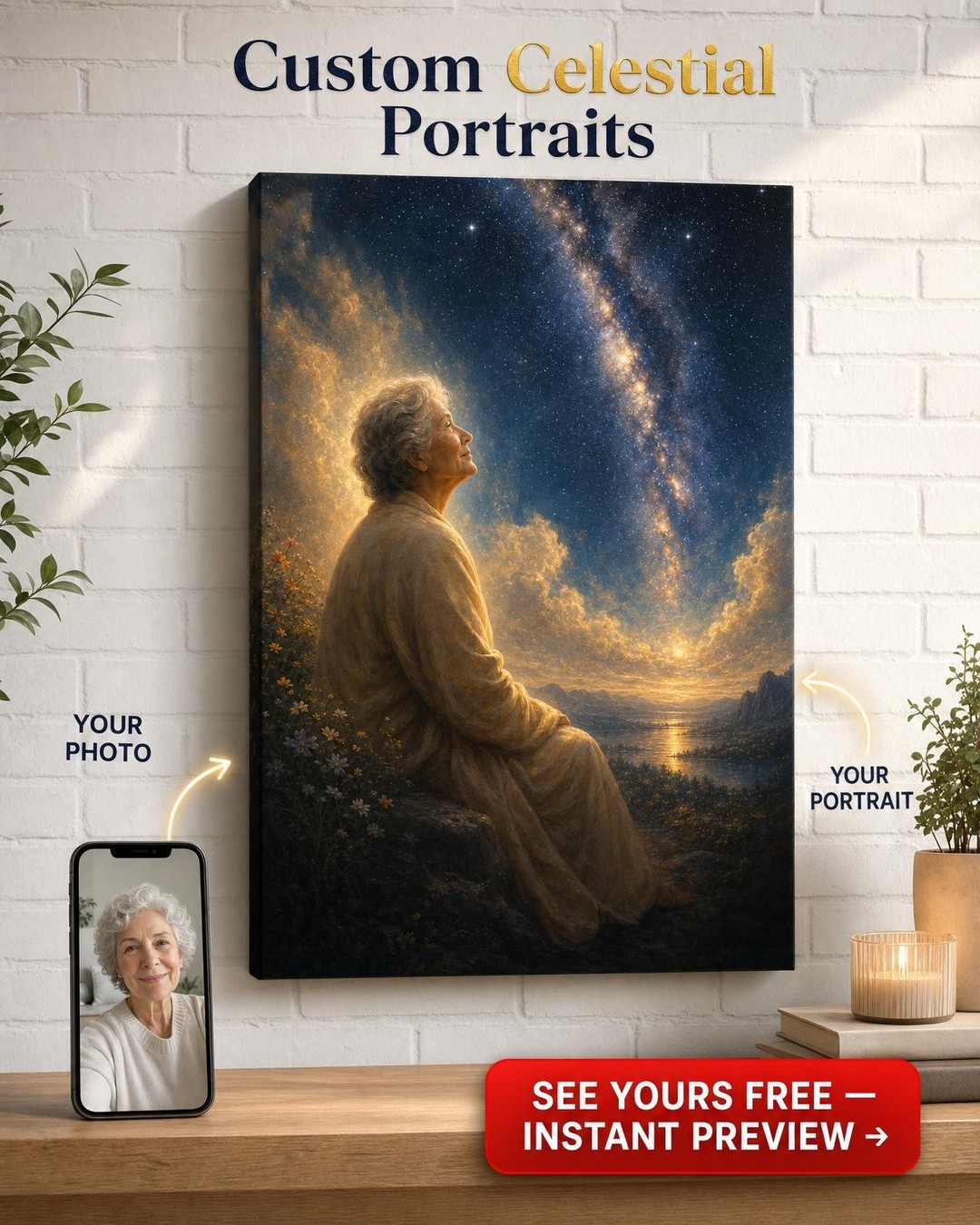 Custom Memorial Single Woman Portrait — Serene Stars Canvas