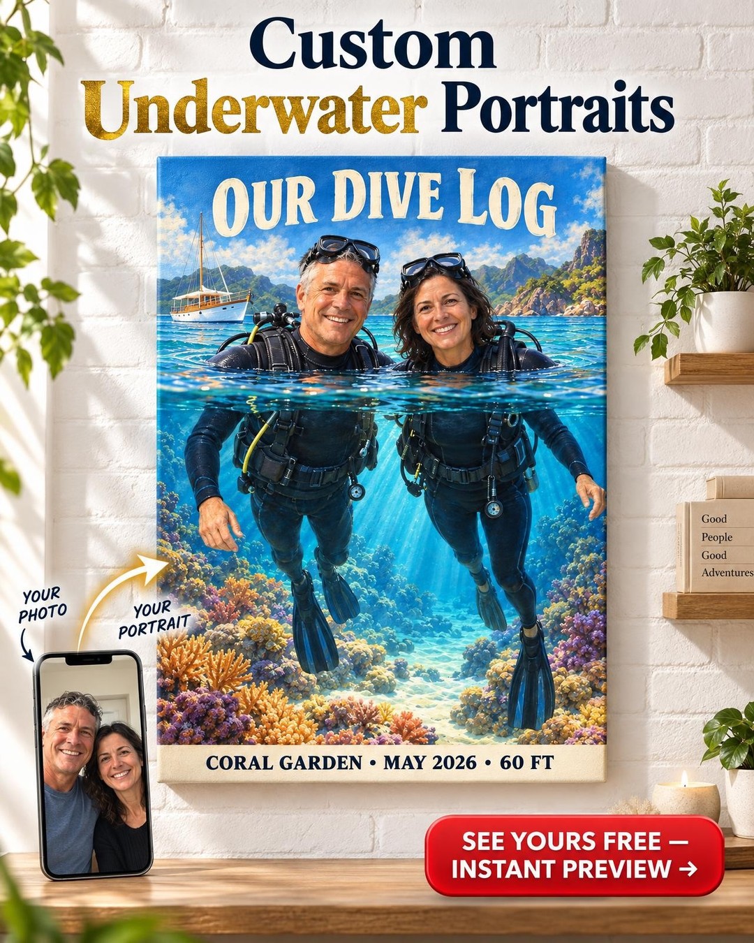 Dive Log Couple Custom Portrait from Photo | Personalized Ocean Portrait Gift