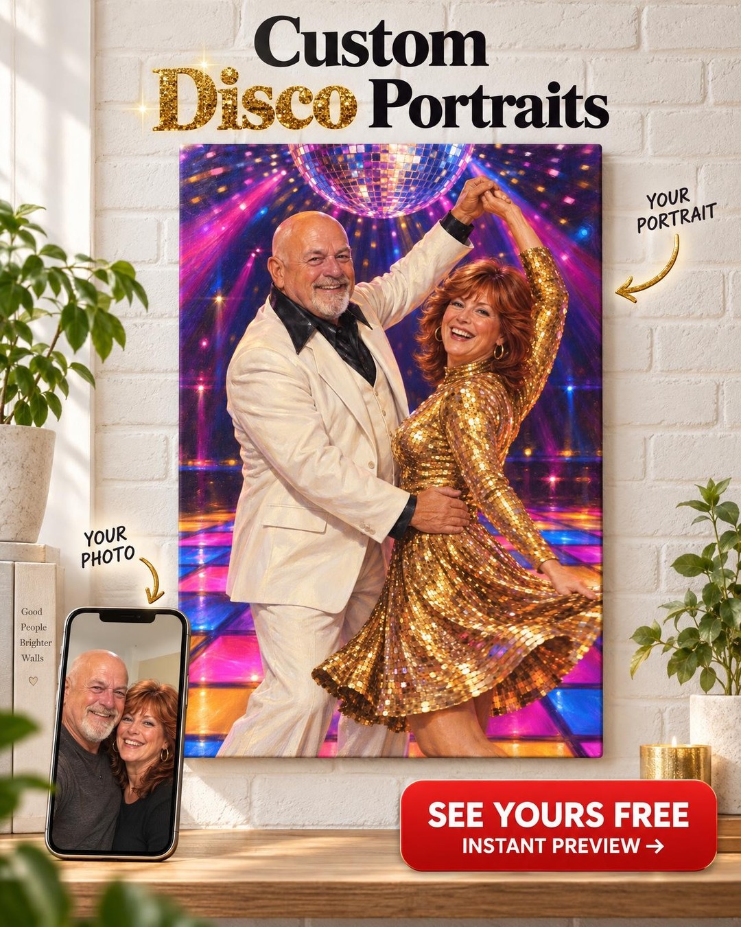 Under The Mirror Ball Disco Couple Custom Portrait from Photo | Personalized Disco Portrait Gift