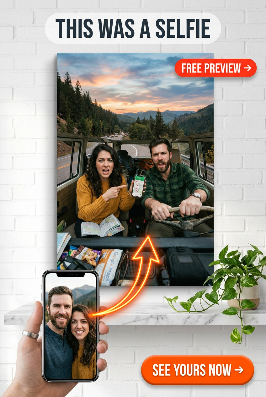 Custom Sunset Couple Portrait — Whimsical Road Trip Canvas
