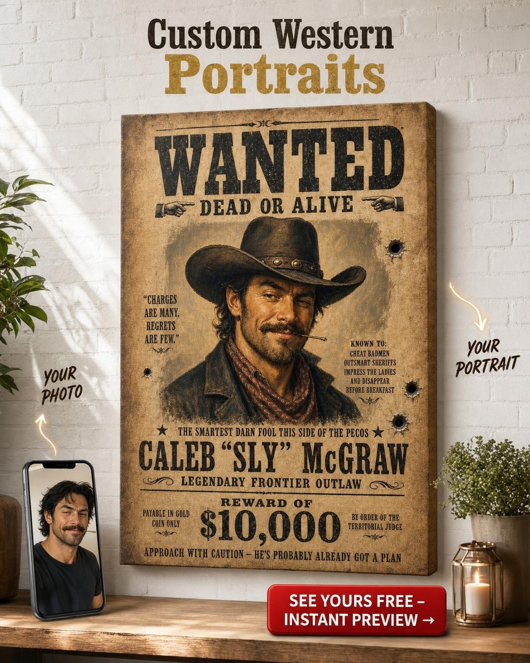 Old West Wanted Poster Custom Portrait from Photo | Personalized For Him Gift