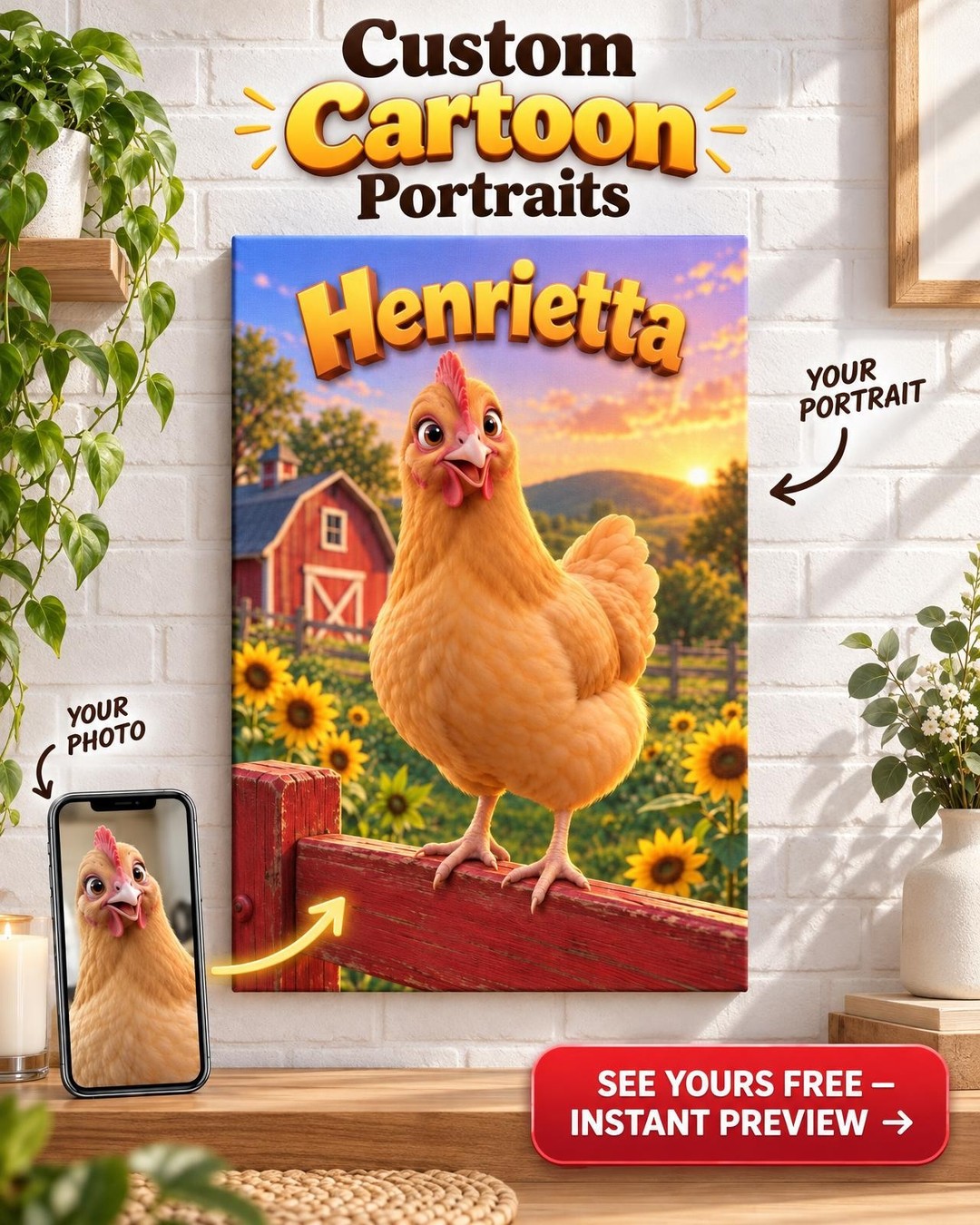 Custom Pixar-Style 3D Animated Backyard Chicken Portrait from Photo | Personalized Bird Portrait Gift