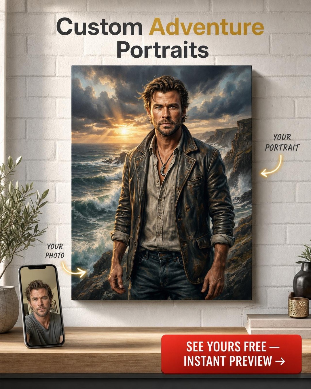 Custom Fantasy Man Portrait — Heroic Ocean Canvas from Photo