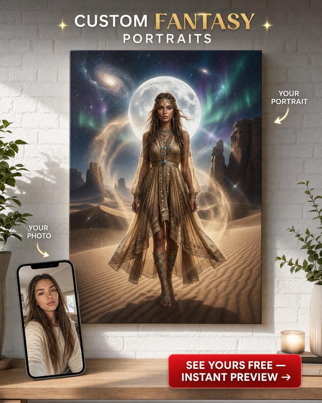 Custom Fantasy Man Portrait — Heroic Cosmic Goddess Canvas