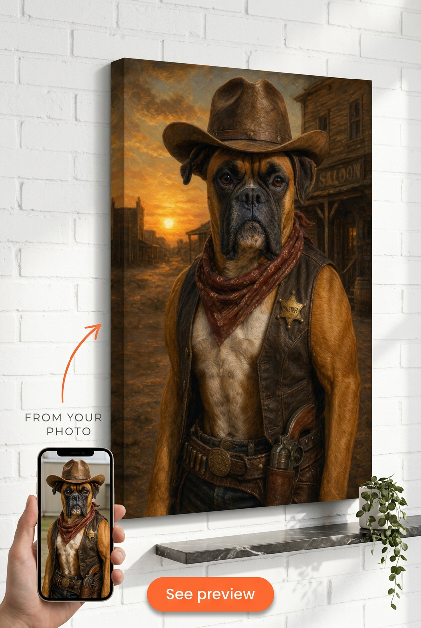 Custom Cowboy Dog Portrait — Heroic Western Canvas from Photo
