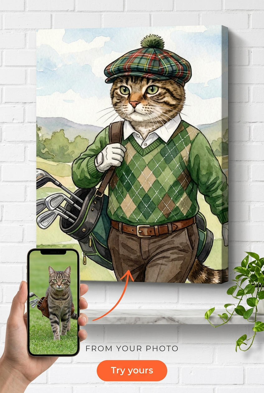 Custom Golf Cat Portrait — Whimsical Pet Canvas from Photo