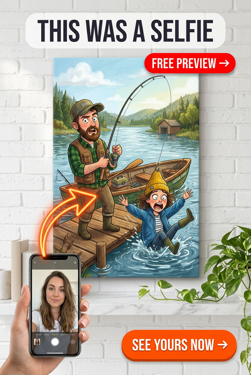 Custom Cartoon Single Portrait — Whimsical Fishing Scene Canvas
