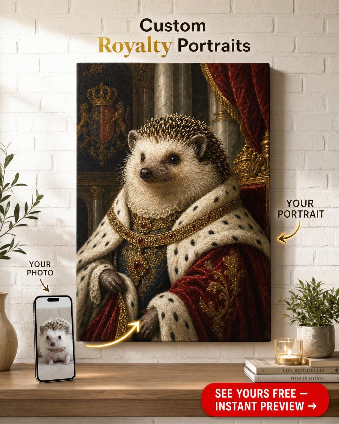 Custom Royal Cat Portrait — Regal Pet Canvas from Photo