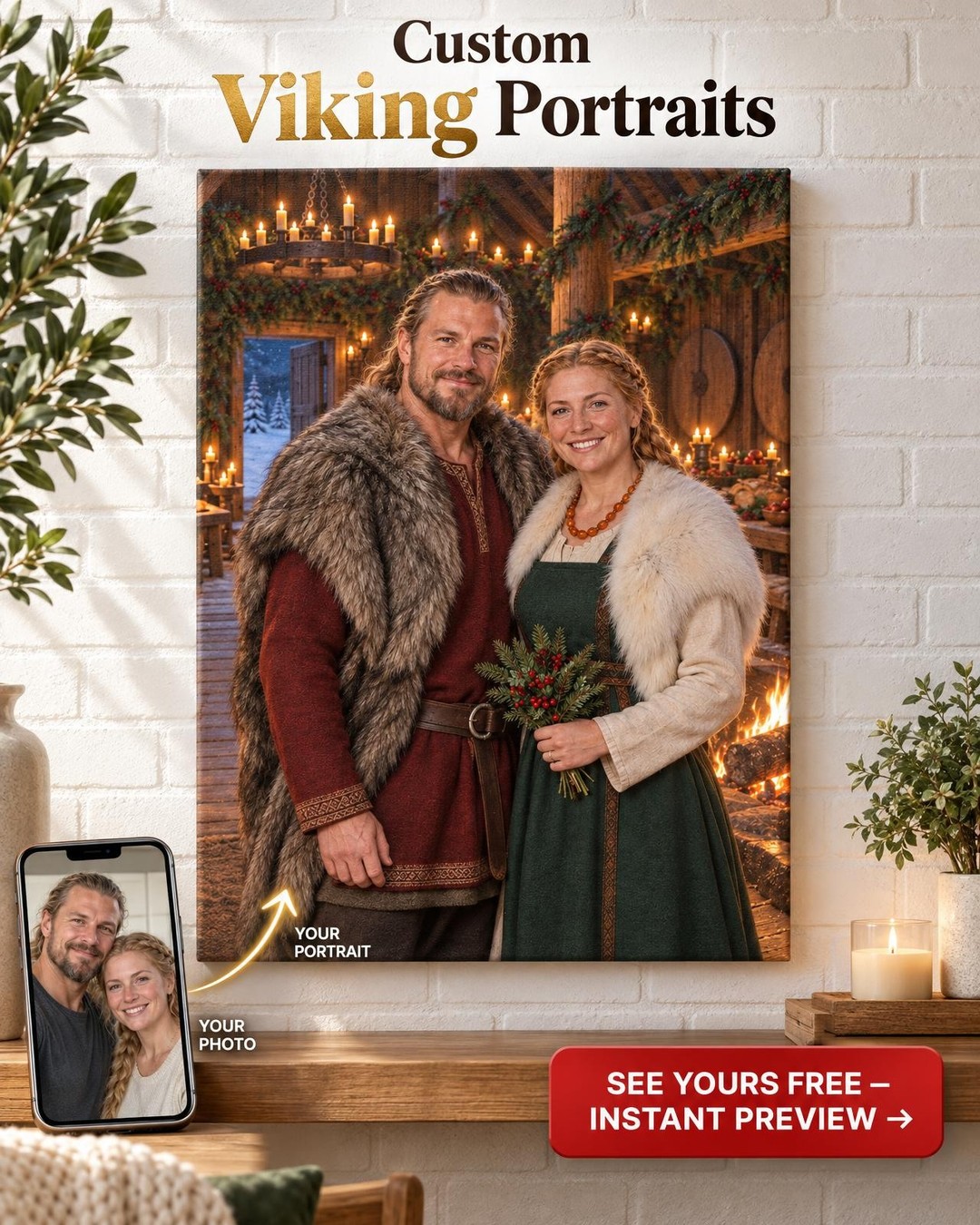 Custom Viking Yule Couple Portrait — Longhouse Hearth on Yule Night, Canvas from Photo