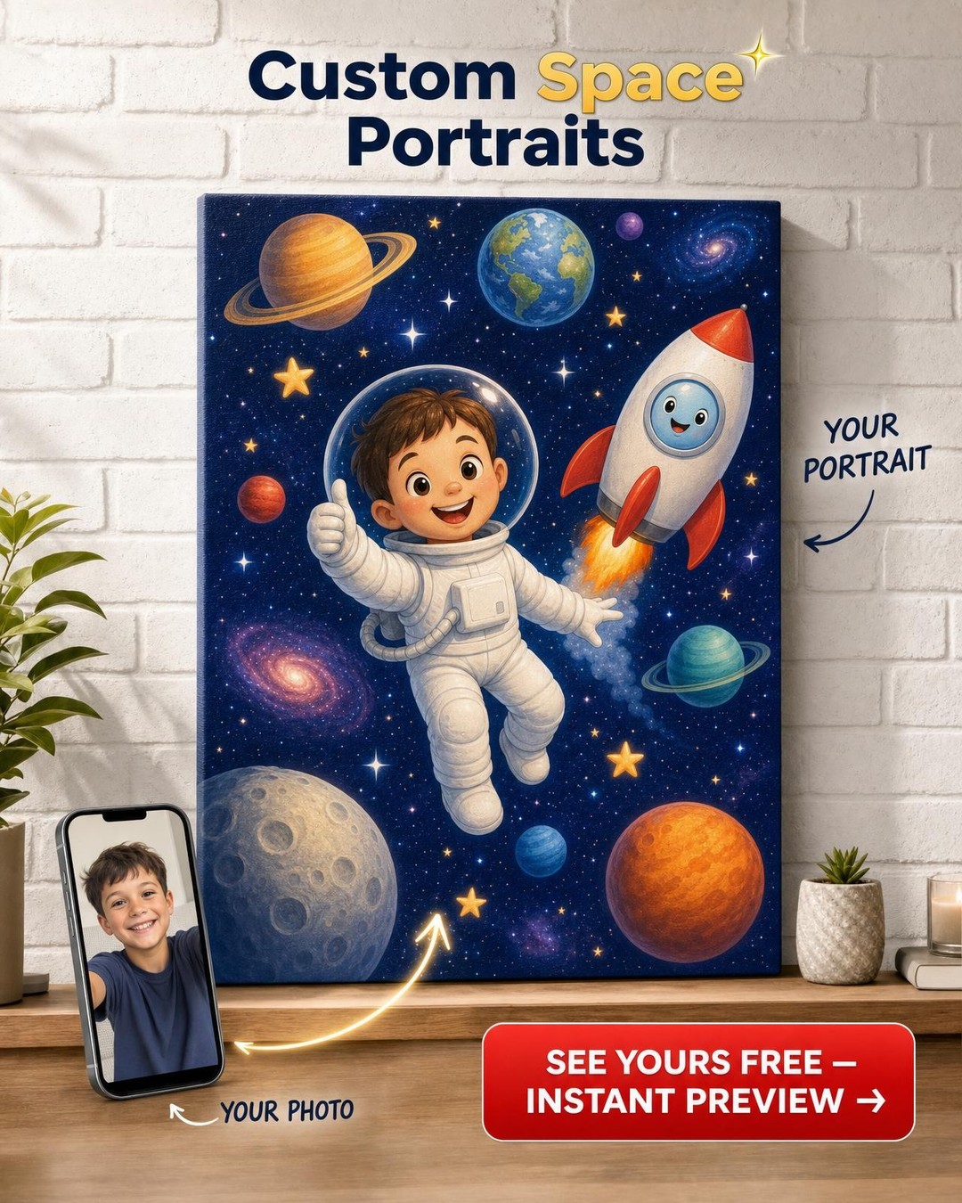 Little Astronaut Custom Portrait from Photo | Personalized Canvas Gift