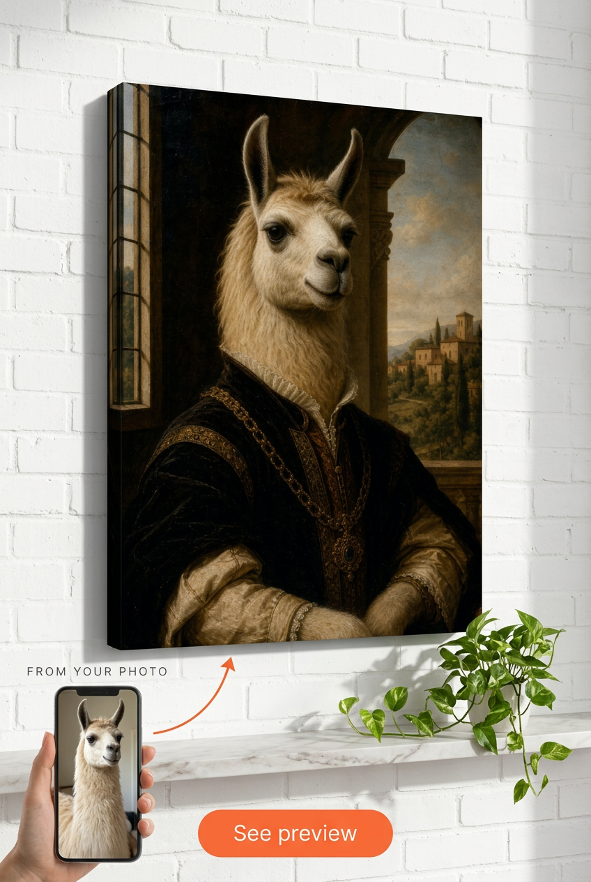 Custom Renaissance Dog Portrait — Whimsical Royal Llama Canvas
