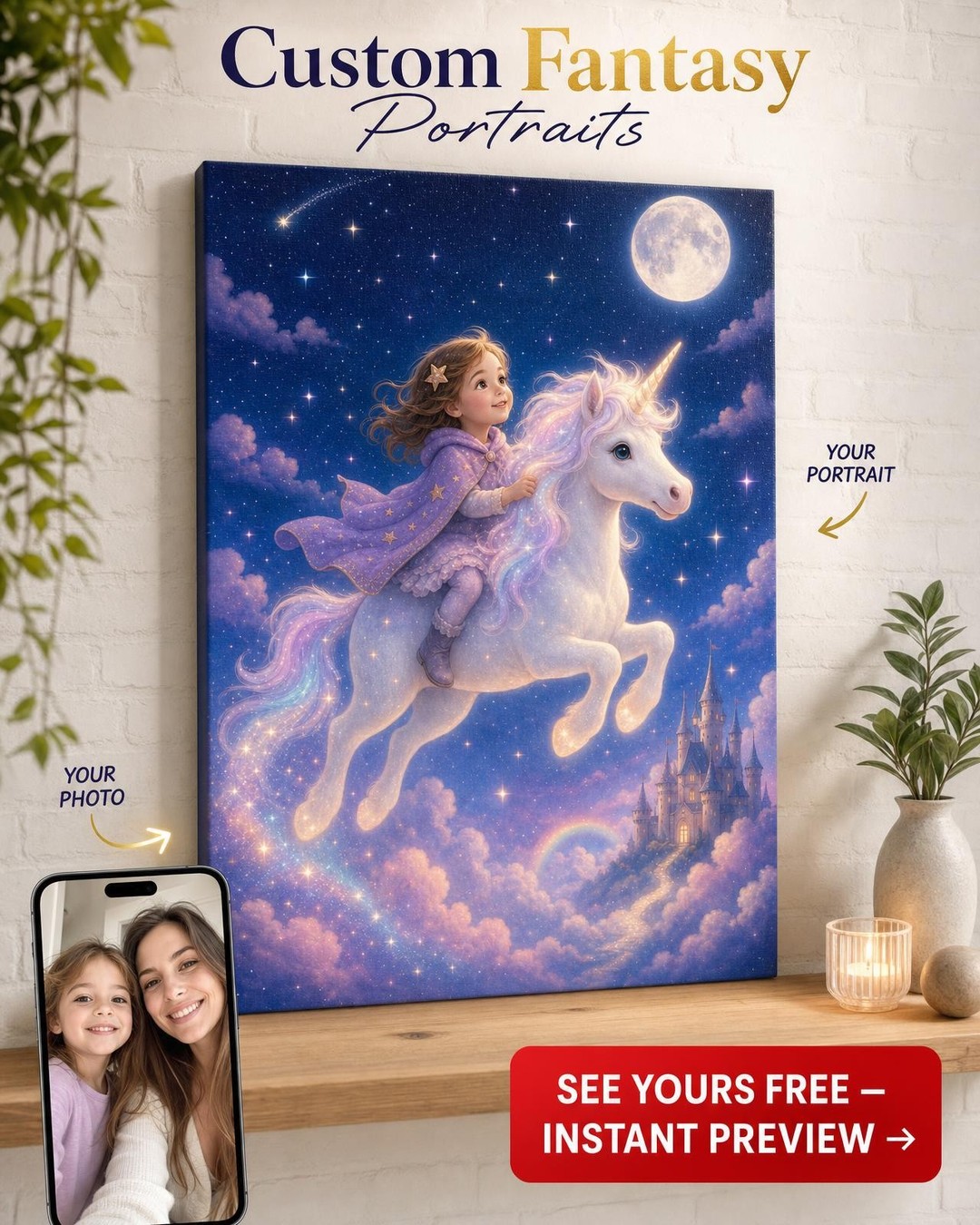 Transform Your Child into a Starlight Unicorn on Canvas