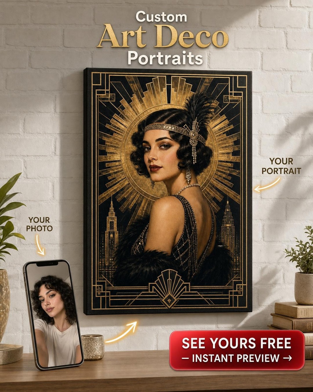 Gold Sunburst Art Deco Custom Portrait from Photo | Personalized Canvas Gift