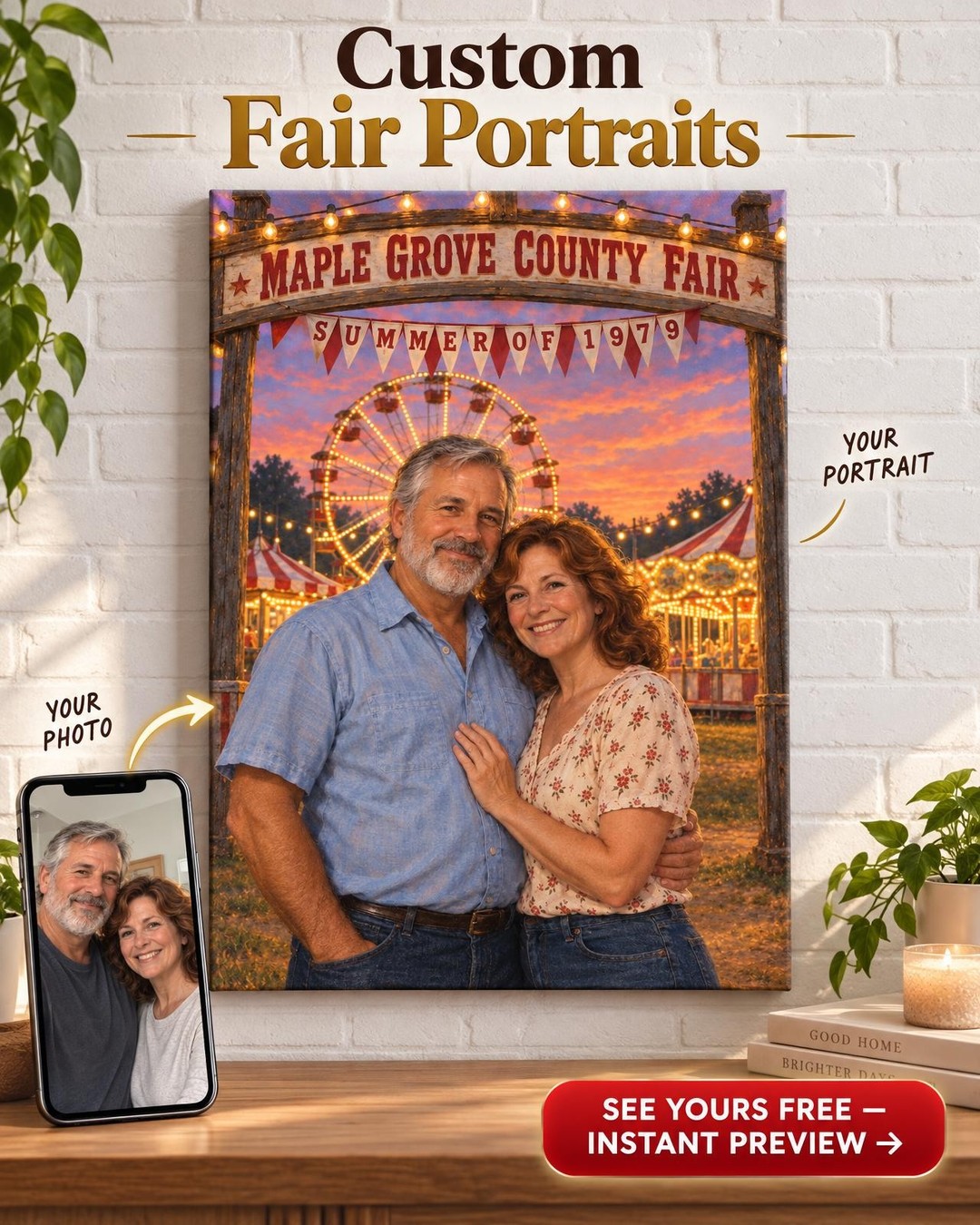 Beneath the Ferris Wheel Couple Custom Portrait from Photo | Personalized County Fair Portrait Gift