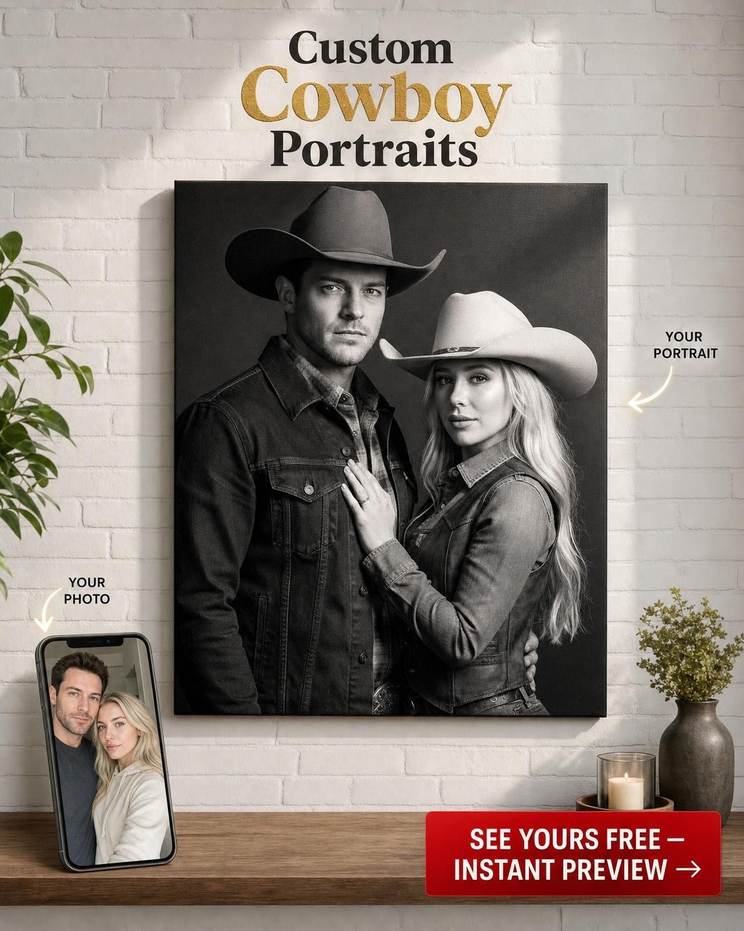 Custom Cowboy Couple Portrait — Romantic Western Canvas