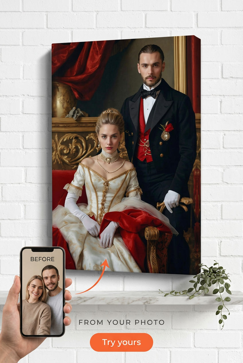 Custom Royal Couple Portrait — Regal Throne Canvas from Photo