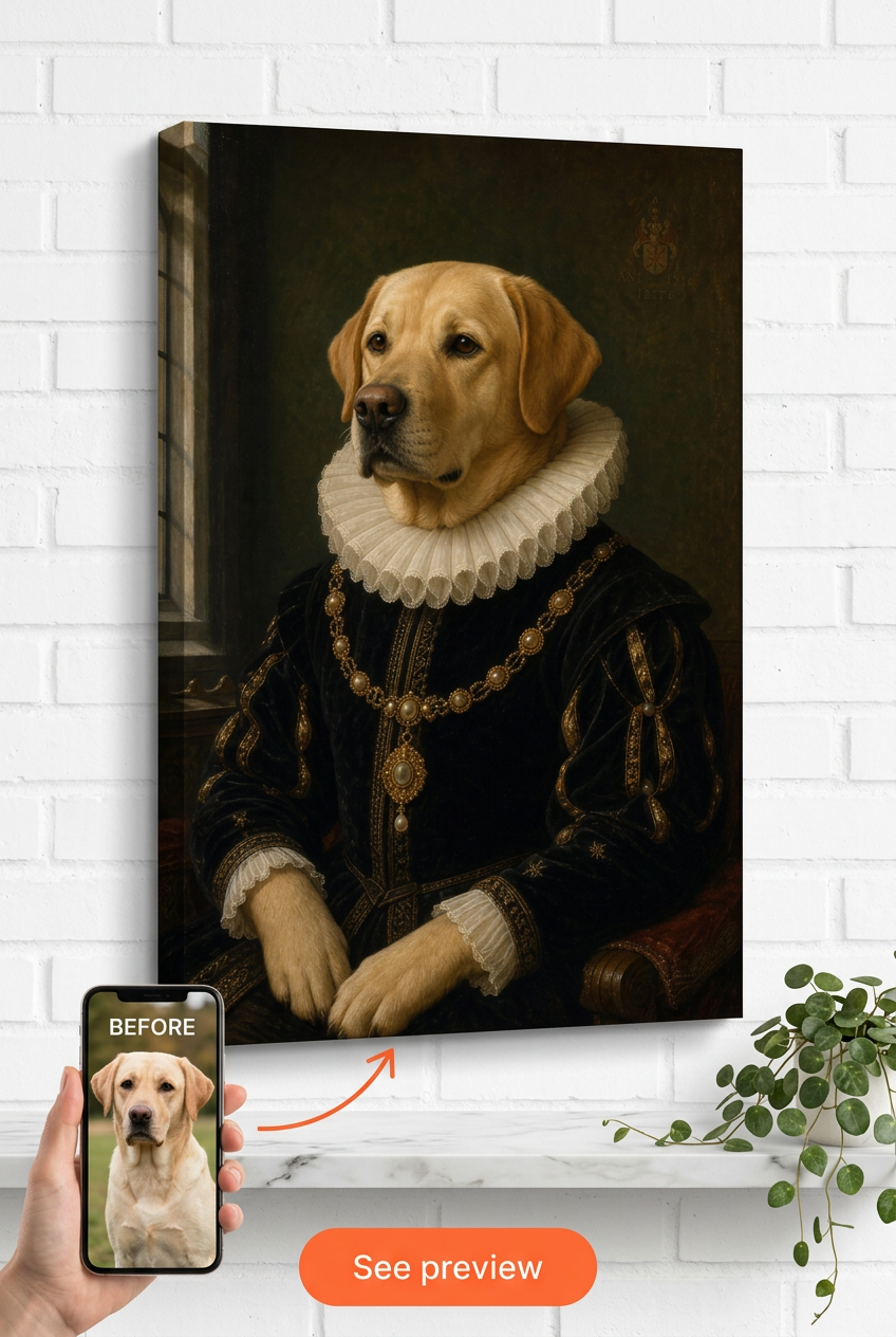 Custom Renaissance Pet Dog Portrait — Regal Canvas Art from Photo