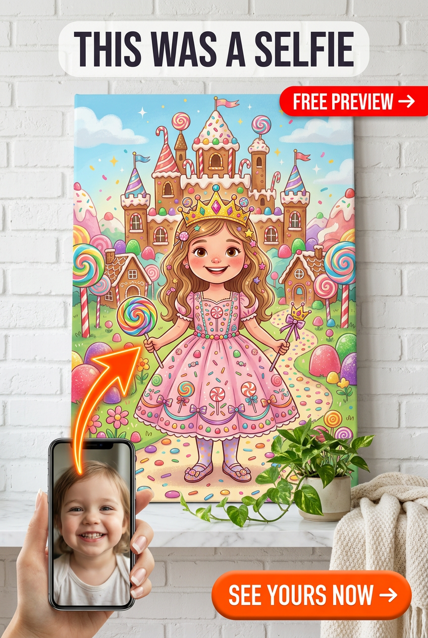 Custom Royal Girl Portrait — Whimsical Candy Castle Canvas