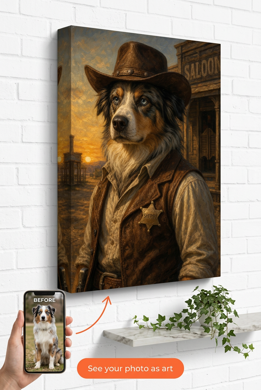 Custom Cowboy Dog Portrait — Heroic Pet Canvas from Photo