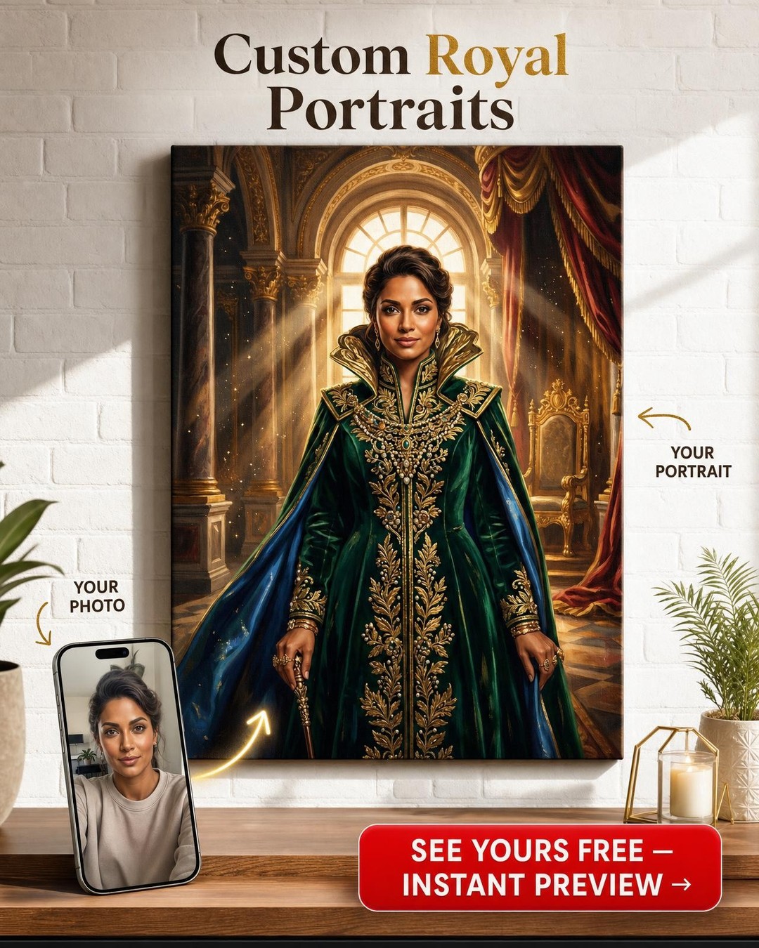Custom Royal Woman Portrait — Regal Crown & Castle Canvas