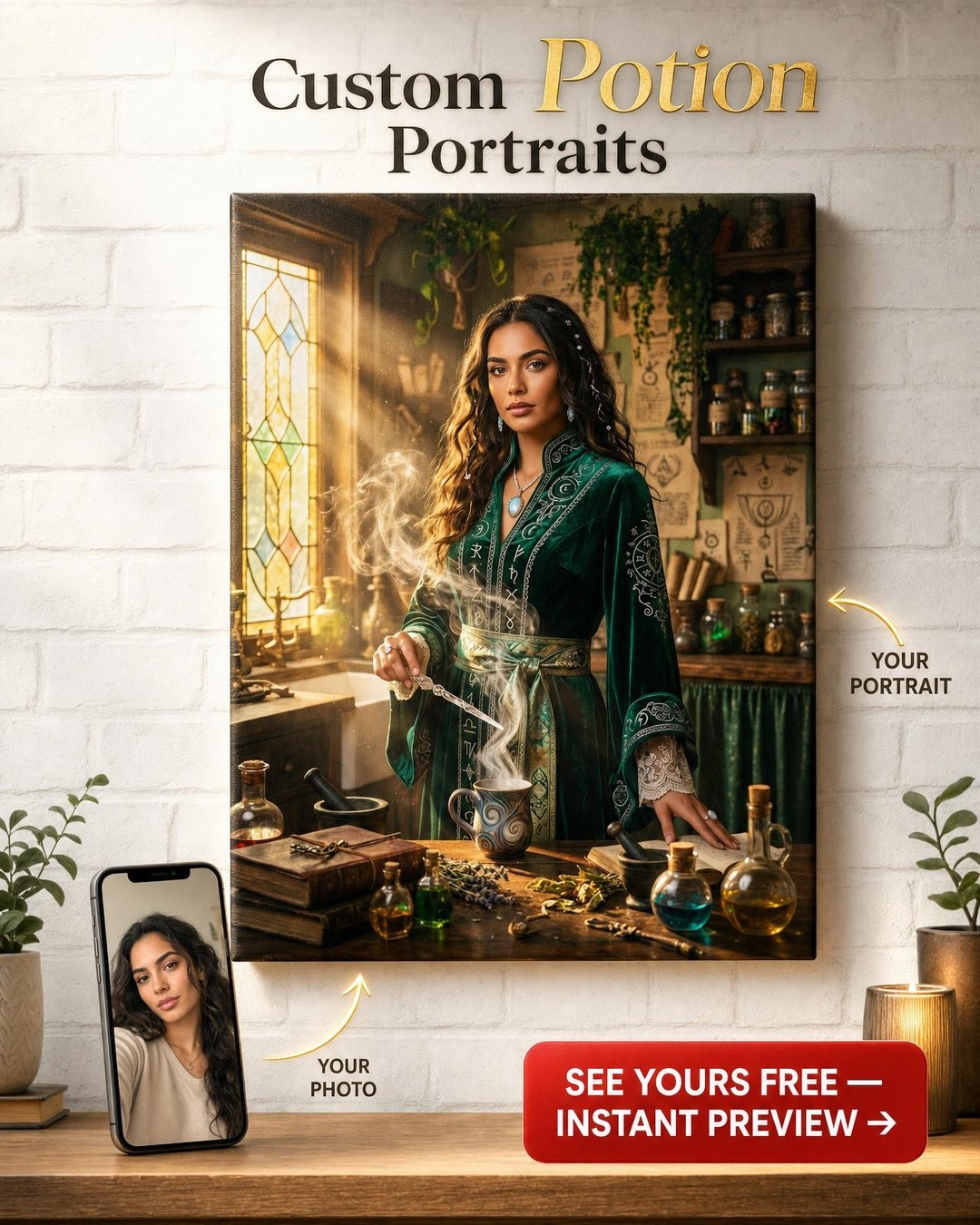 Custom Fantasy Woman Portrait — Whimsical Potion Canvas