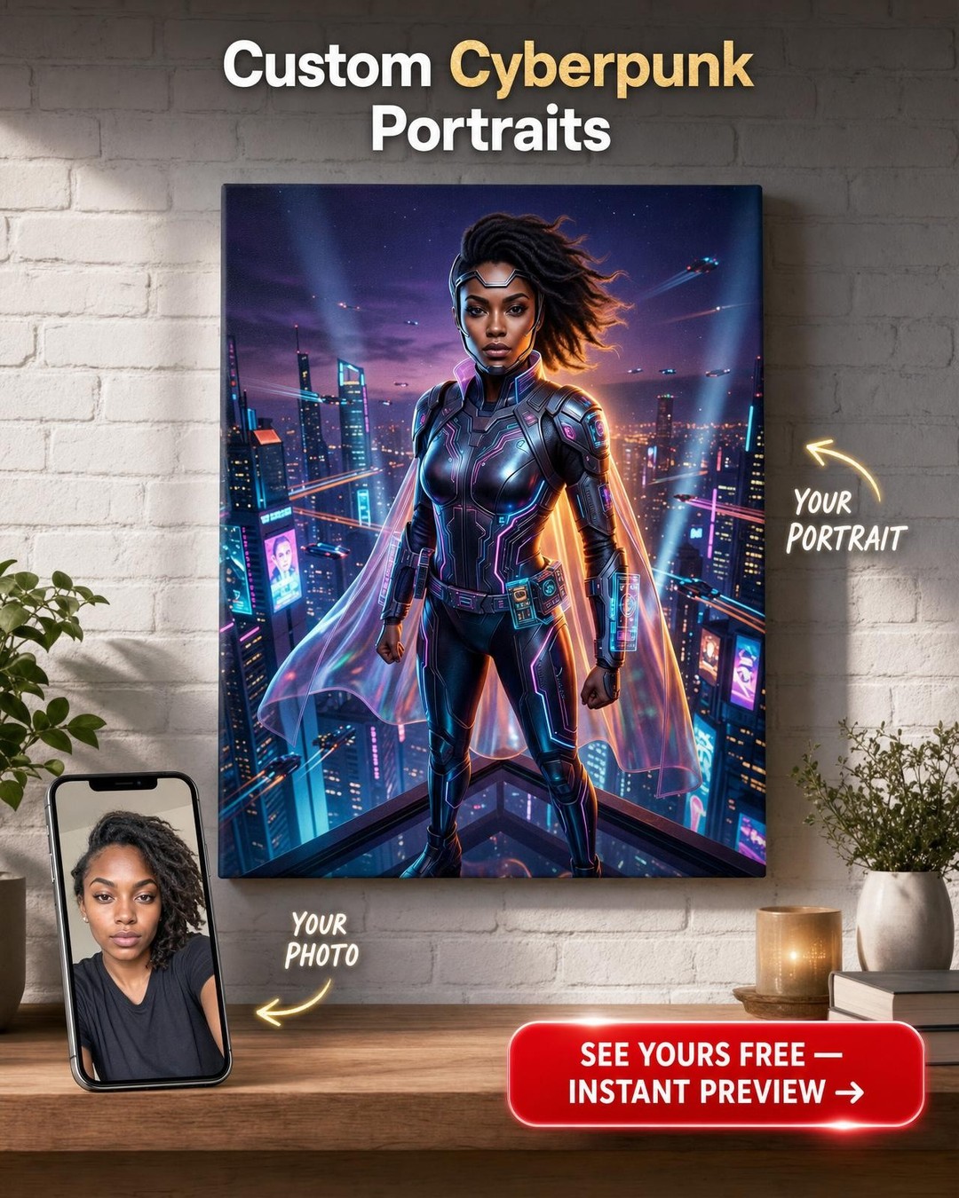 Custom Cyberpunk Single-Man Portrait — Heroic City Guardian Canvas