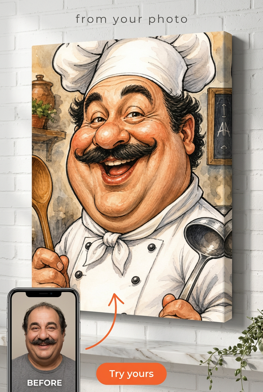 Custom Caricature Single Man Portrait — Whimsical Chef Canvas