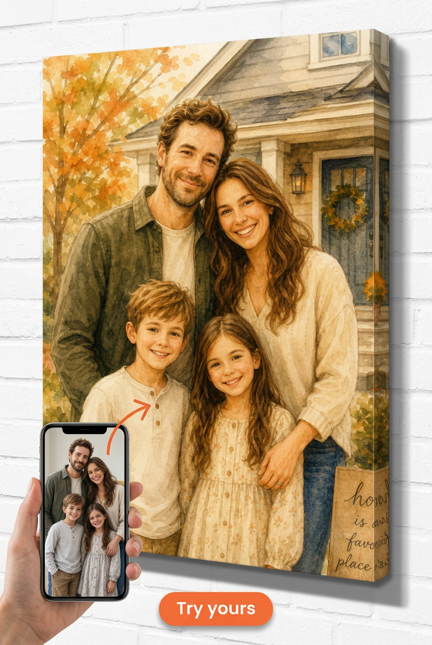 Custom Family Portrait Canvas — Serene Autumn Home Scene from Photo
