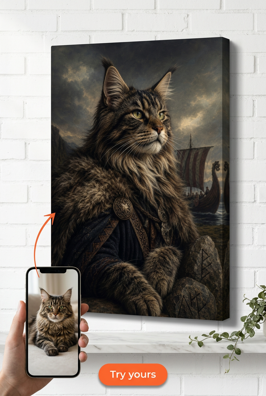 Custom Viking Pet Cat Portrait — Regal Warrior Canvas