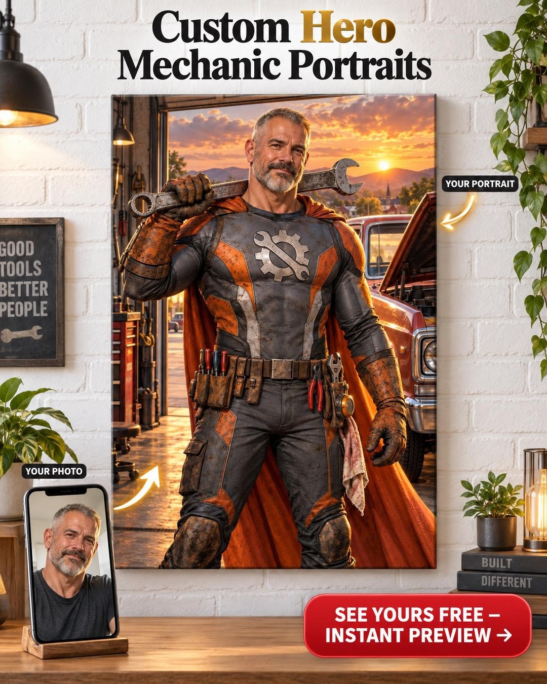 Super Mechanic Custom Portrait from Photo | Personalized Superhero Portrait Gift