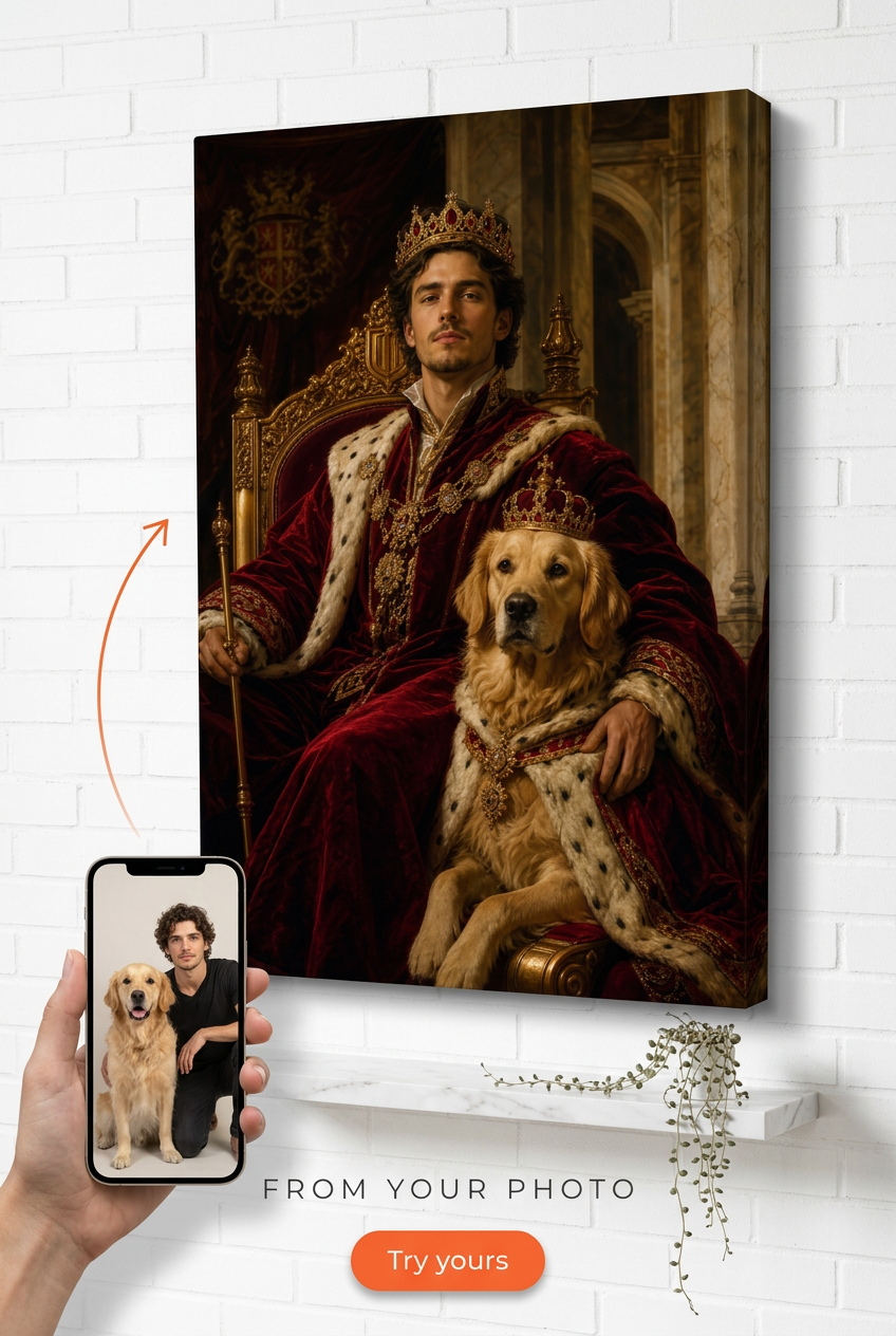 Custom Royal Single-Man & Pet Portrait — Heroic Throne Canvas