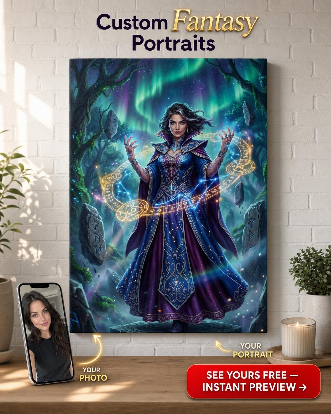 Custom Fantasy Woman Portrait — Heroic Mage from Photo Canvas