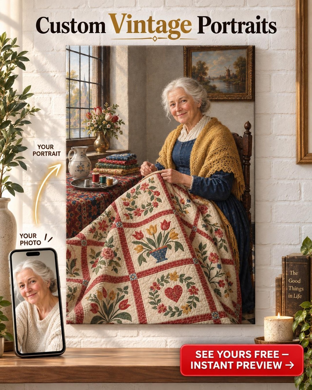 Stitching by the Window Custom Portrait from Photo | Personalized Quilting Portrait Gift